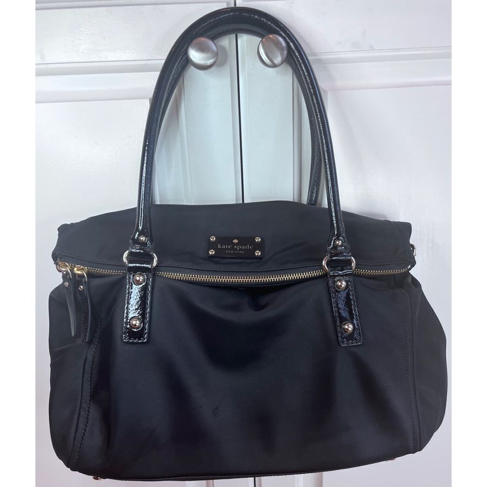 Kate Spade NY Black Nylon Purse Patent Leather Straps Carmen Fold Over Bag